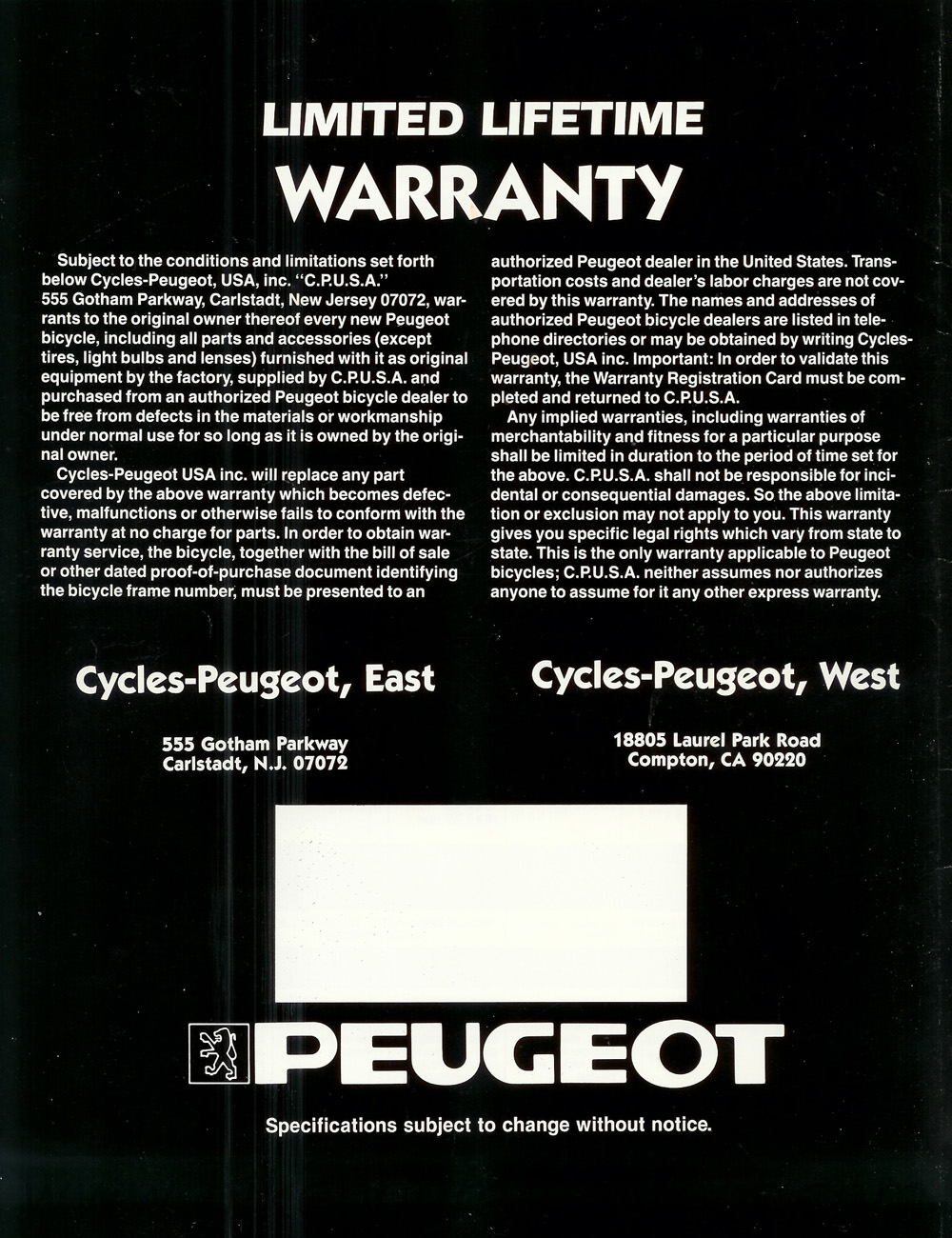 Peugeot 1986 USA Brochure